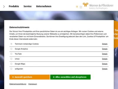Website von Werner & Pfleiderer Lebensmitteltechnik GmbH
