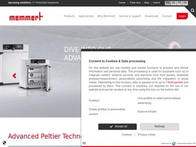 Website von Memmert GmbH + Co. KG